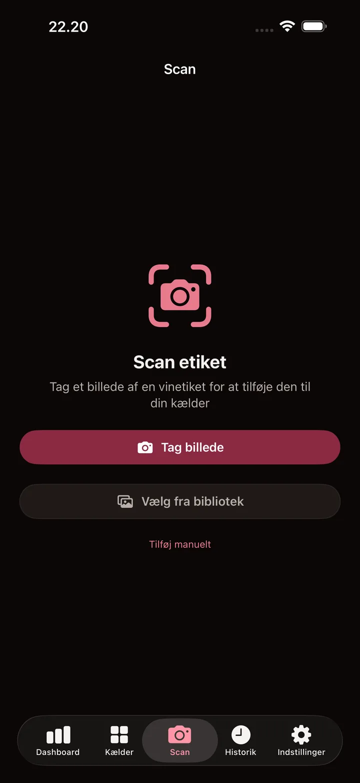 Scan-skærmen i Vinoary: tag et billede af vinetiketten